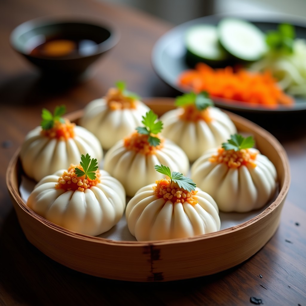 Bao veganos al vapor rellenos de tofu fermentado y kimchi, con semillas de sésamo y cilantro fresco, servidos en una vaporera de bambú sobre fondo oscuro. Receta china en Thermomix.