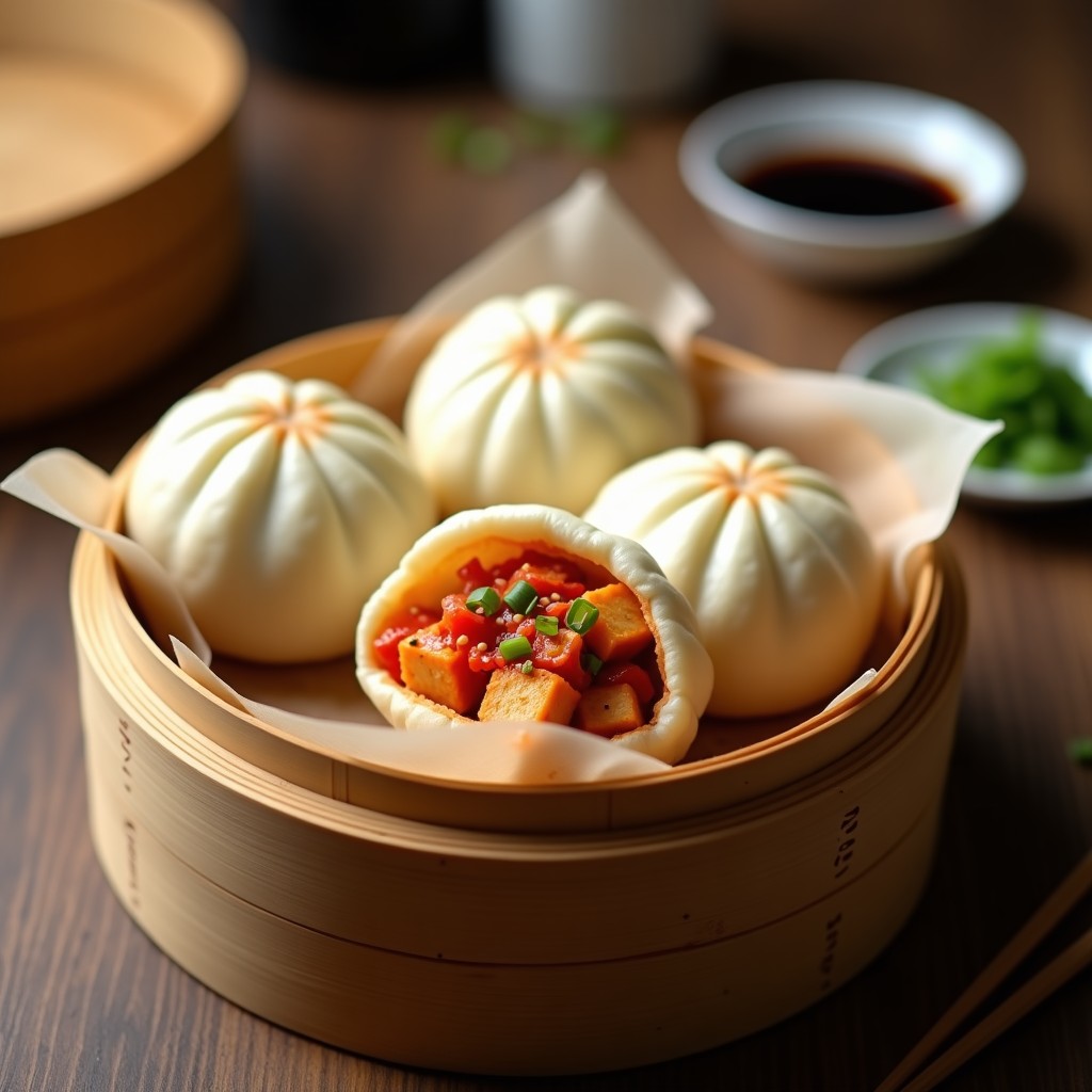 Bao vegano de tofu y kimchi al vapor con masa de arroz, servido en vaporera de bambú con semillas de sésamo y salsa de soja, receta coreana casera.
