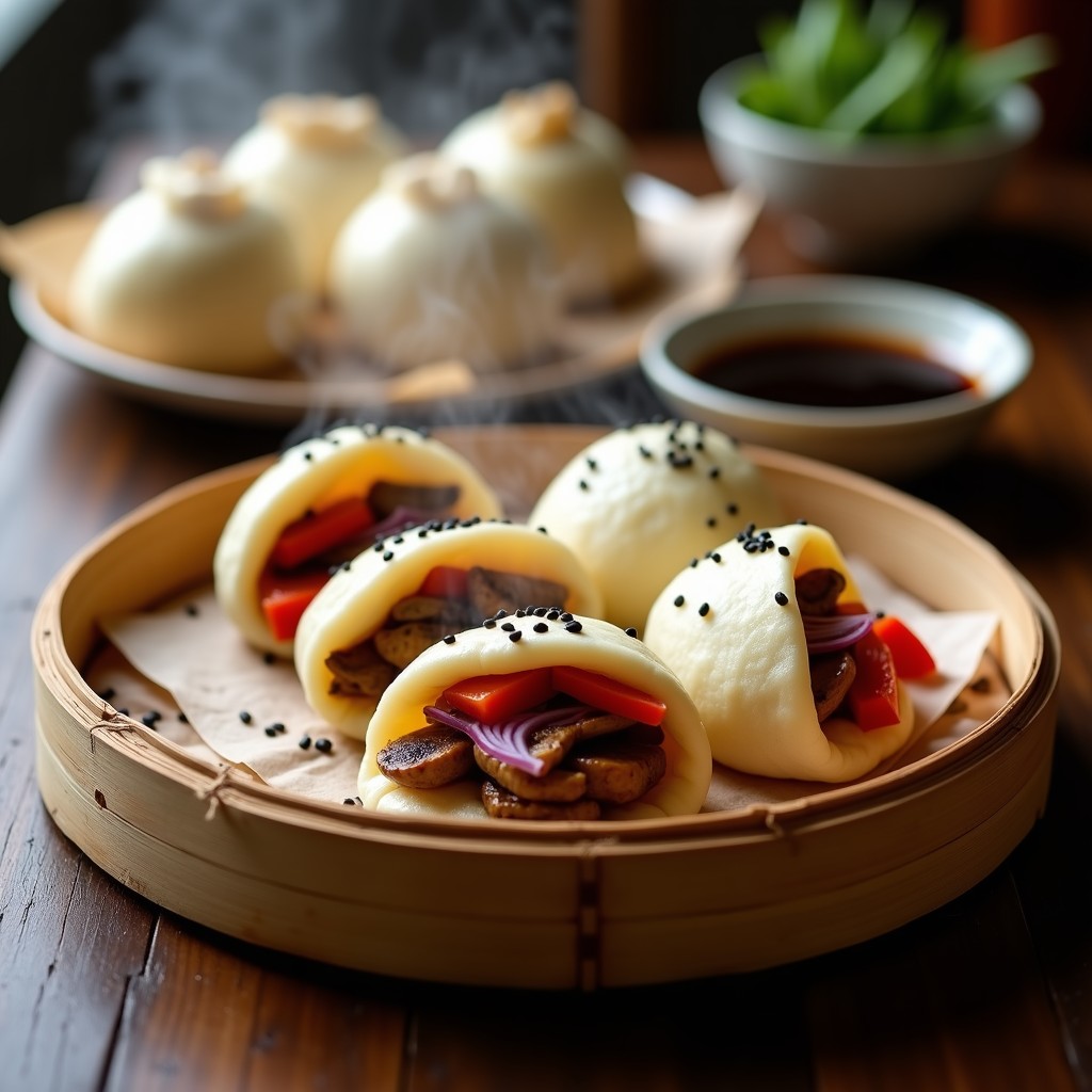 Bao veganos de champiñones portobello al vapor con salsa teriyaki sin gluten, servidos sobre hojas de lechuga morada y decorados con semillas de sésamo negro y cilantro fresco.