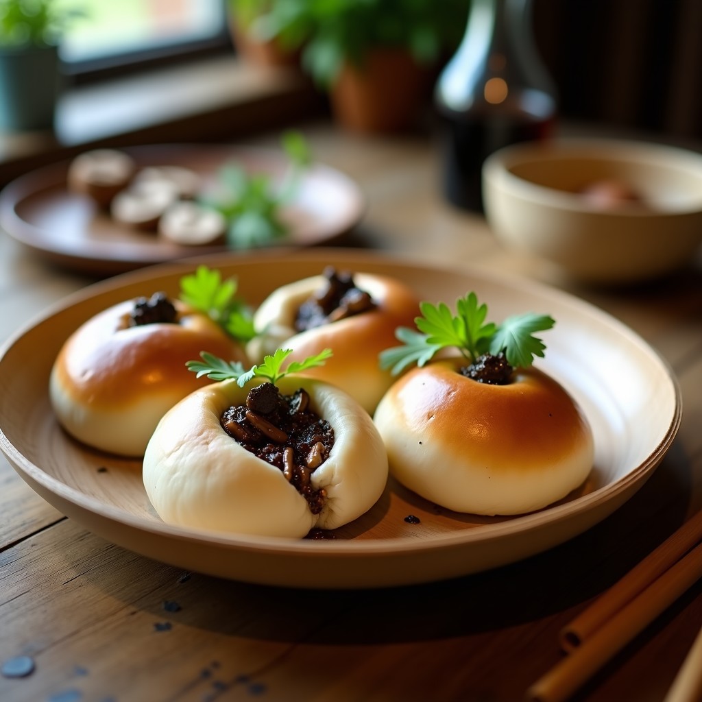 Bao veganos al vapor rellenos de shiitake y trufa negra, servidos en una vaporera de bambú con hojas de cilantro fresco. Plato gourmet con textura esponjosa y aroma a trufa.