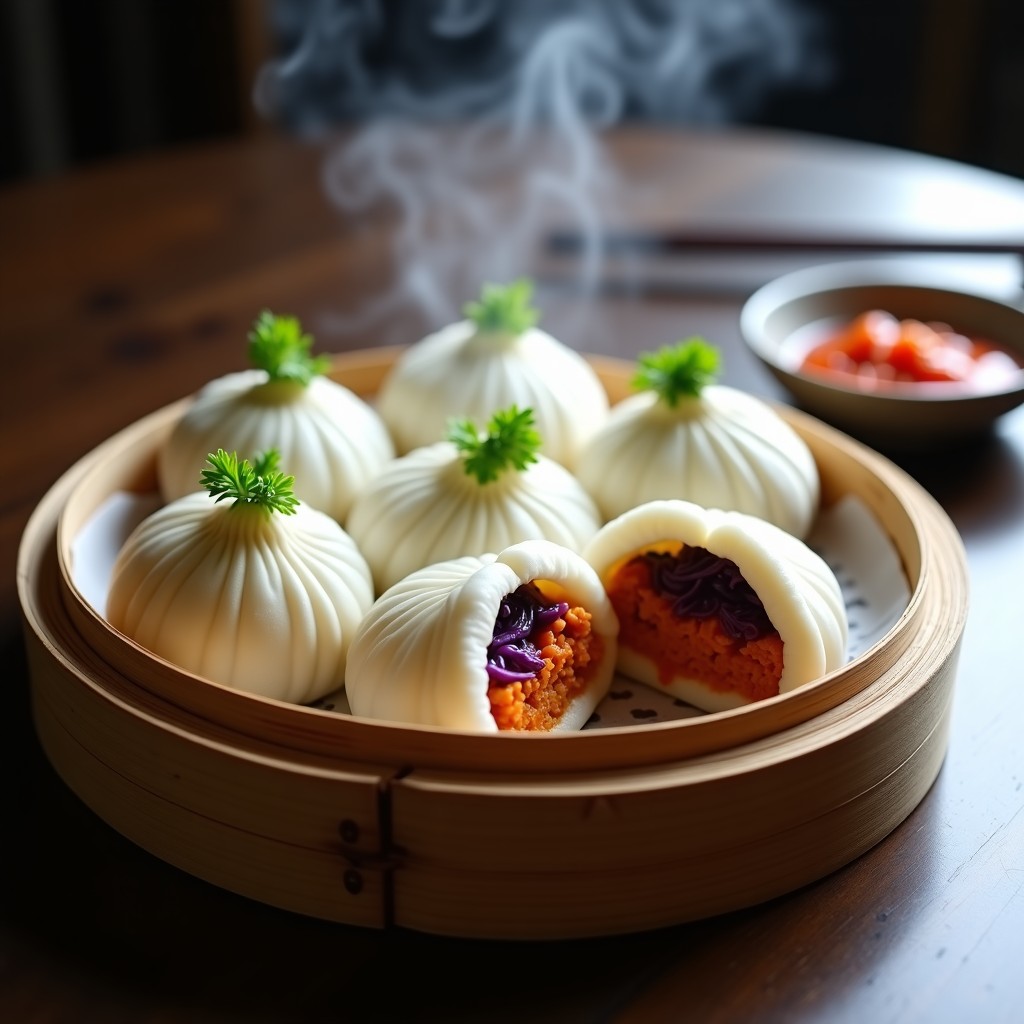 Bao veganos de tofu y kimchi al vapor dispuestos en una olla de bambú, con masa esponjosa y relleno picante visible al cortar uno por la mitad. Decorados con perejil fresco y salsa de gochujang al lado.
