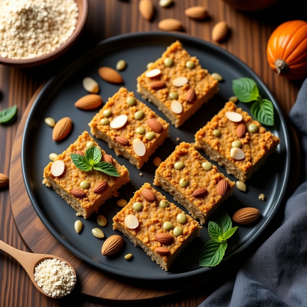 Barras energéticas de avena y polvo de baobab cortadas en rectángulos dorados, con almendras fileteadas y coco rallado visibles, sobre un fondo de madera rústica. Receta alta en fibra y sin azúcar.