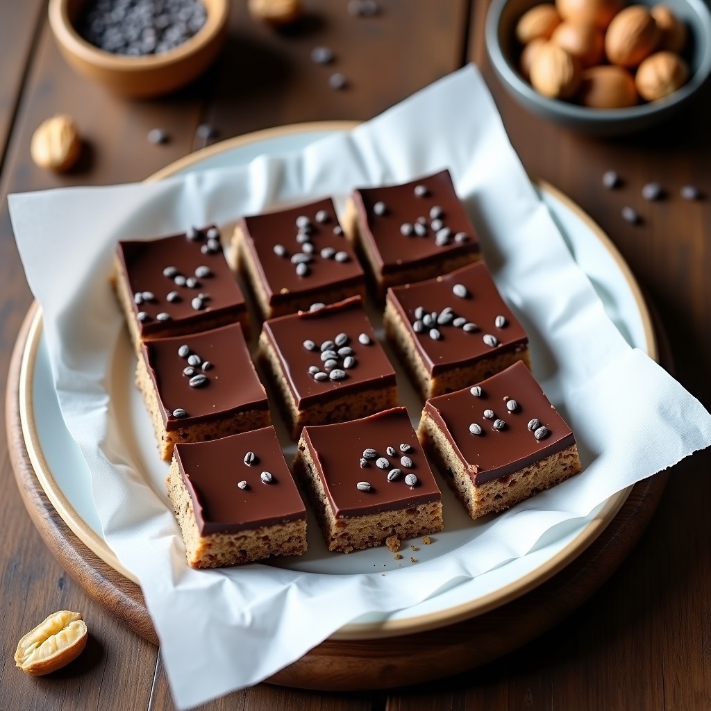 Barras energéticas keto de cacahuete y café con cobertura brillante de chocolate 85%, cortadas en rectángulos perfectos sobre papel de horno blanco, con semillas de chía espolvoreadas.