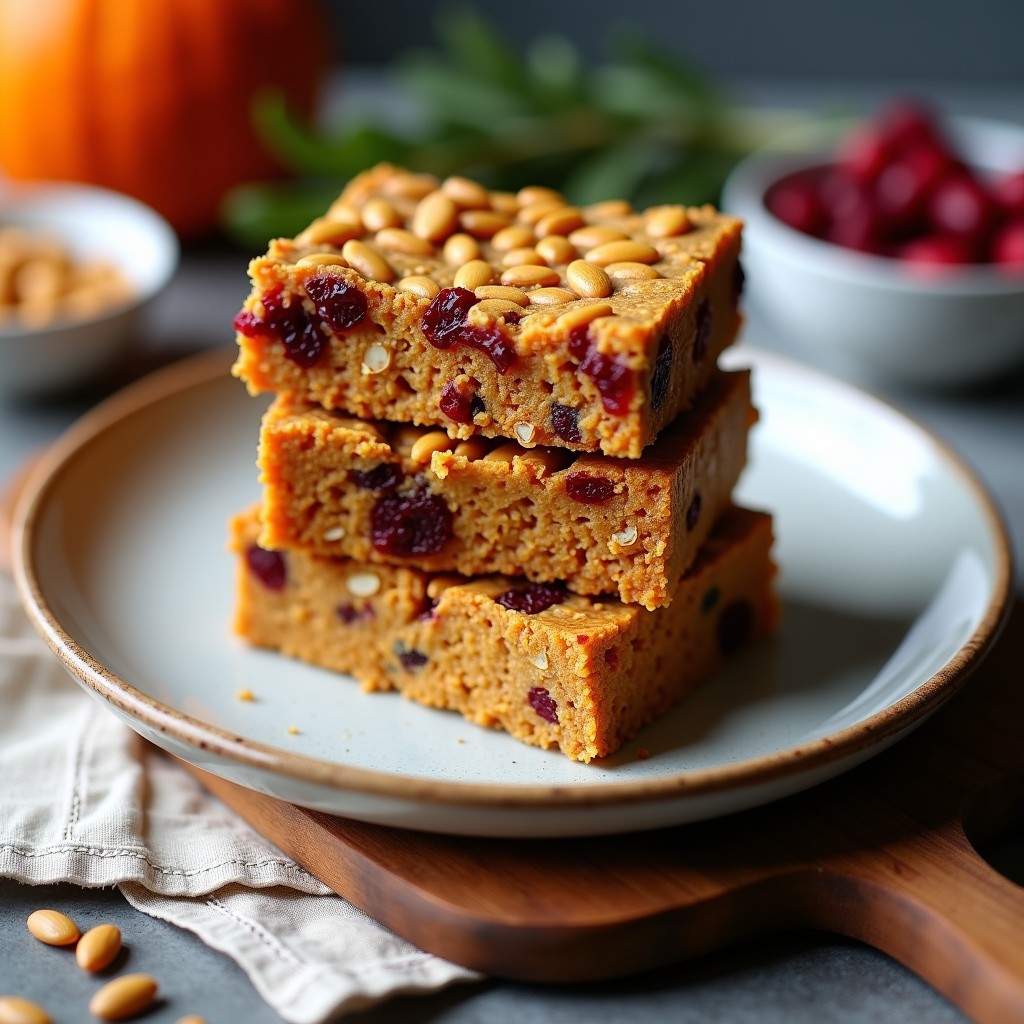 Barras energéticas keto de semillas de calabaza y arándanos liofilizados, doradas y cortadas en rectángulos, sobre una tabla de madera rústica con semillas esparcidas y un fondo claro.