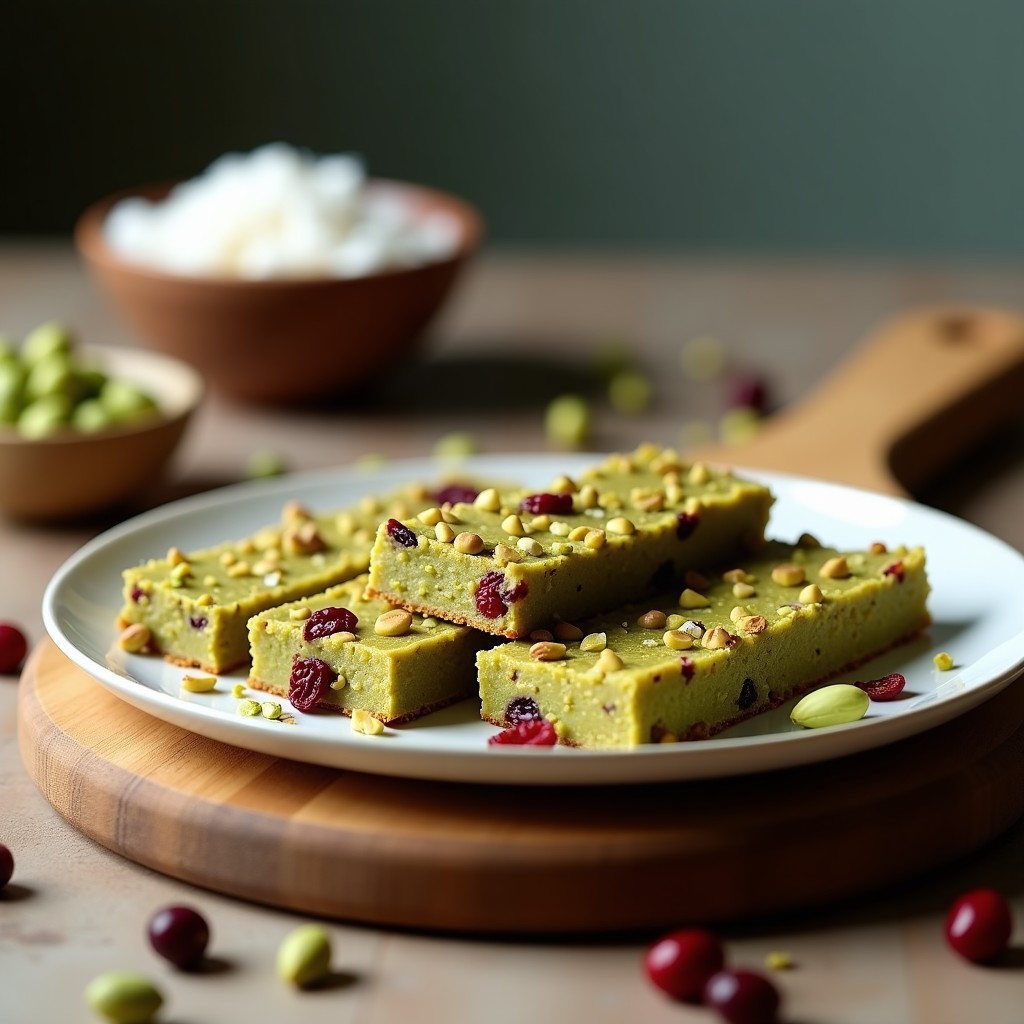 Barras de proteína keto de pistacho y arándanos cortadas en porciones rectangulares, con trozos de pistacho visible en la superficie, sobre un fondo de madera rústica con arándanos deshidratados esparcidos.