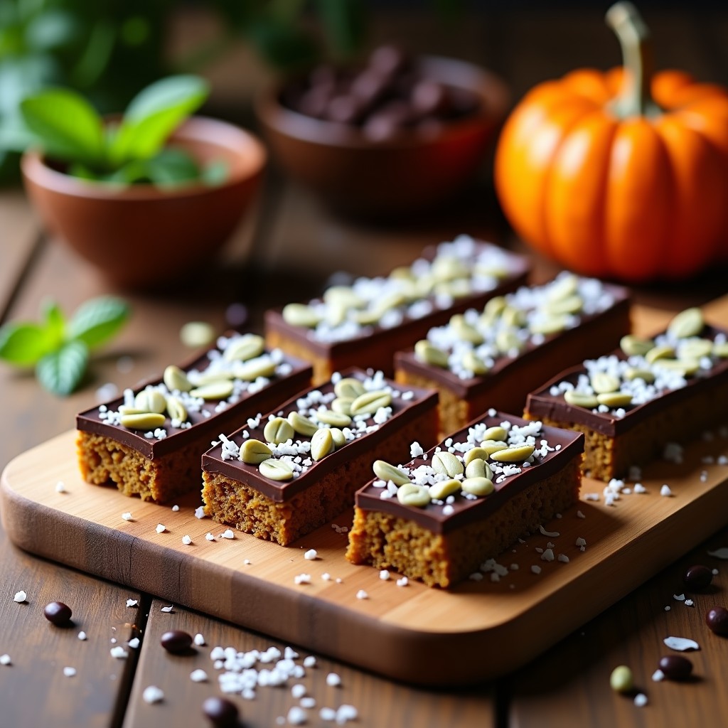 Barras de proteína keto sin horno sobre una tabla de madera, con semillas de calabaza visibles, cubiertas de chocolate negro y coco rallado, cortadas en porciones rectangulares.