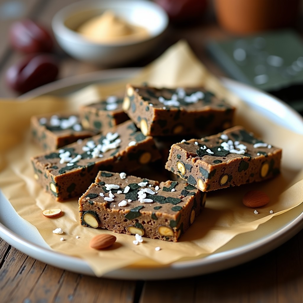 Barritas energéticas veganas crudiveganas sin horno, de color marrón oscuro con toques verdes y dorados, cortadas en rectángulos y apiladas sobre un papel de horno. Se aprecian trocitos de almendra y semillas de lino en su superficie, con un fondo rústico de madera y algas nori enteras.