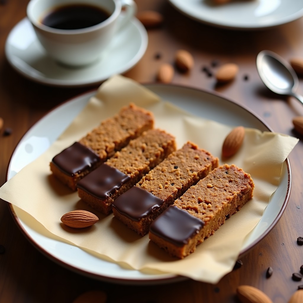Barritas rectangulares de color marrón oscuro con cobertura de cacao brillante, decoradas con almendras fileteadas. Base compacta y crujiente con vetas de mantequilla de almendra. Snack keto sin azúcar sobre fondo rústico de madera.