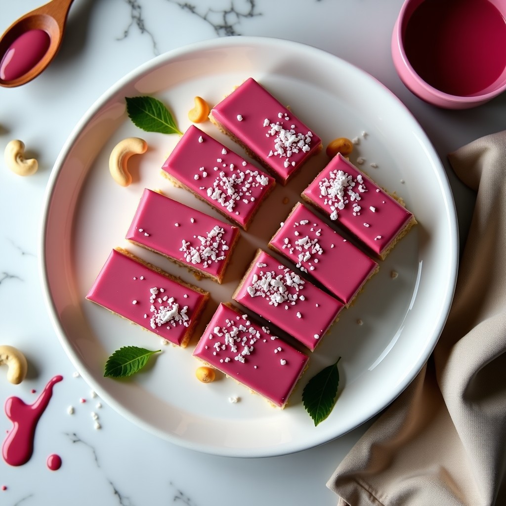 Barritas crudiveganas de anacardos y lucuma con cobertura brillante de chocolate rubí, espolvoreadas con coco rallado, sobre fondo blanco de mármol con hojas de menta y anacardos enteros.