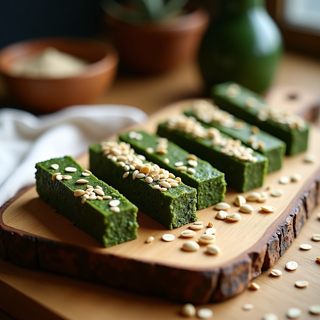 Barritas de avena, alga espirulina y semillas de girasol dispuestas en una tabla de madera rústica, con textura crujiente por fuera y tierna por dentro, espolvoreadas con semillas de sésamo. Snack vegano alto en hierro.