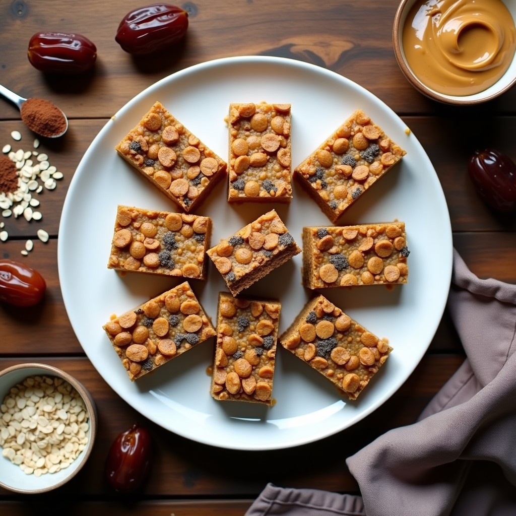 Barritas energéticas de avena y proteína de guisante sin horno, cortadas en porciones rectangulares, con textura compacta y semillas visibles, sobre fondo de madera rústica con ingredientes dispersos como cacahuetes y dátiles.
