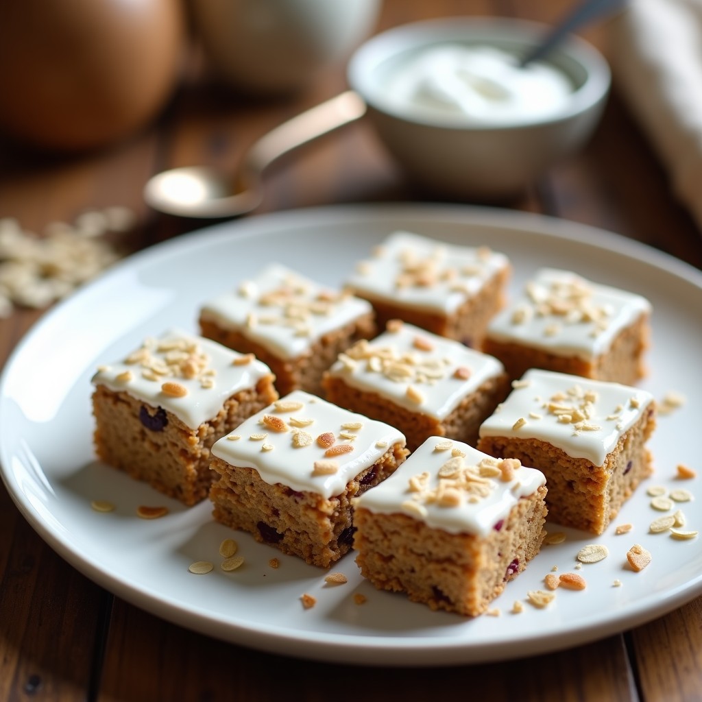 Barritas cuadradas de avena y proteína de guisante con cobertura cremosa de yogur griego, espolvoreadas con coco rallado y arándanos deshidratados, sobre un plato blanco con fondo de madera rústica.