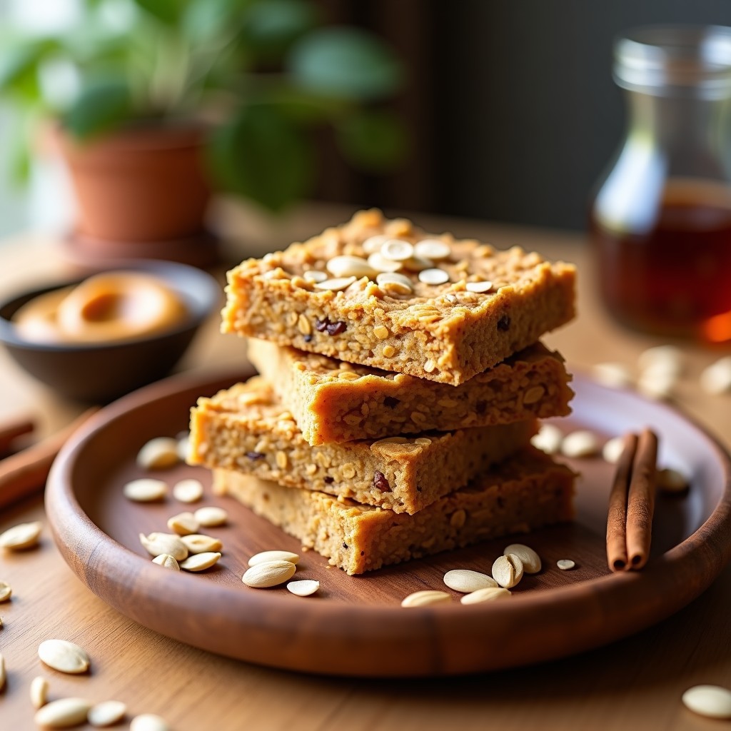 Barritas de copos de avena y semillas de calabaza cortadas en porciones rectangulares, con coco rallado por encima, sobre un fondo de madera rústica y acompañadas de un cuenco con semillas y un tarro de crema de cacahuete. Receta de desayuno energético sin horno.