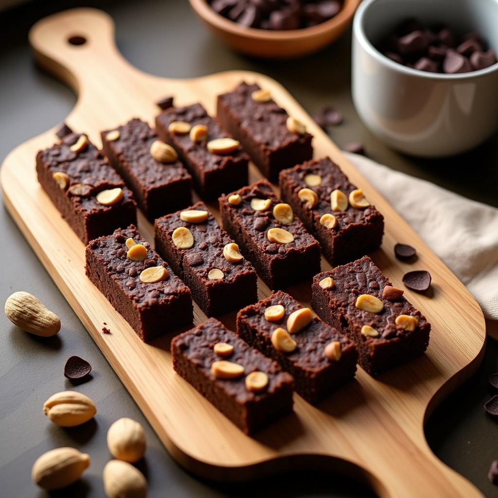 Barritas deoproteinadas de cacahuete y chocolate negro keto, cortadas en porciones rectangulares, con textura crujiente por fuera y cremosa por dentro, decoradas con cacahuetes picados y trozos de chocolate negro, sobre un fondo rústico de madera con virutas de chocolate negro esparcidas.