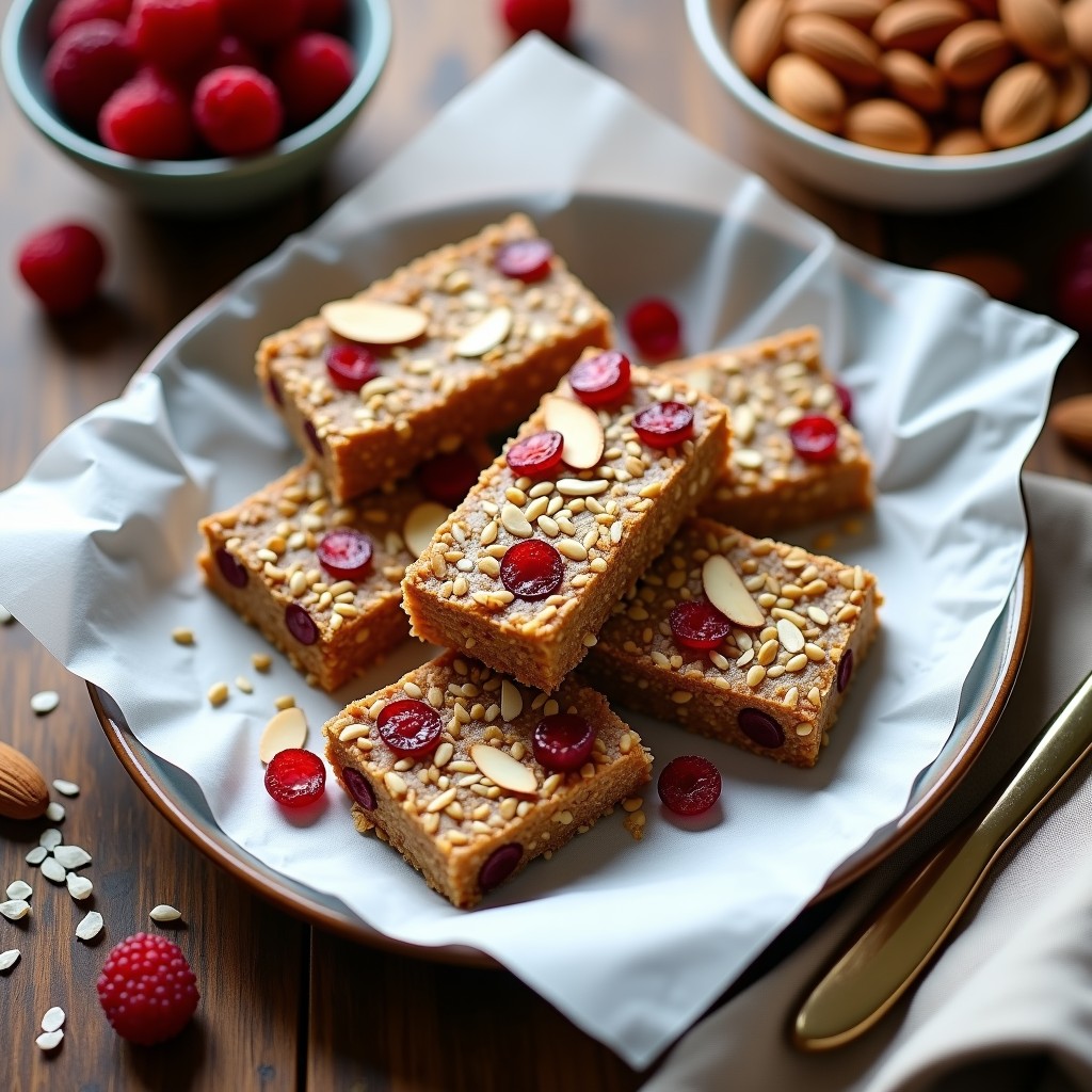 Barritas de semillas de cáñamo y arándanos liofilizados dispuestas en fila sobre papel de horno blanco, con textura crujiente y trozos visibles de arándanos y almendras. Snack crudivegano para tupper.