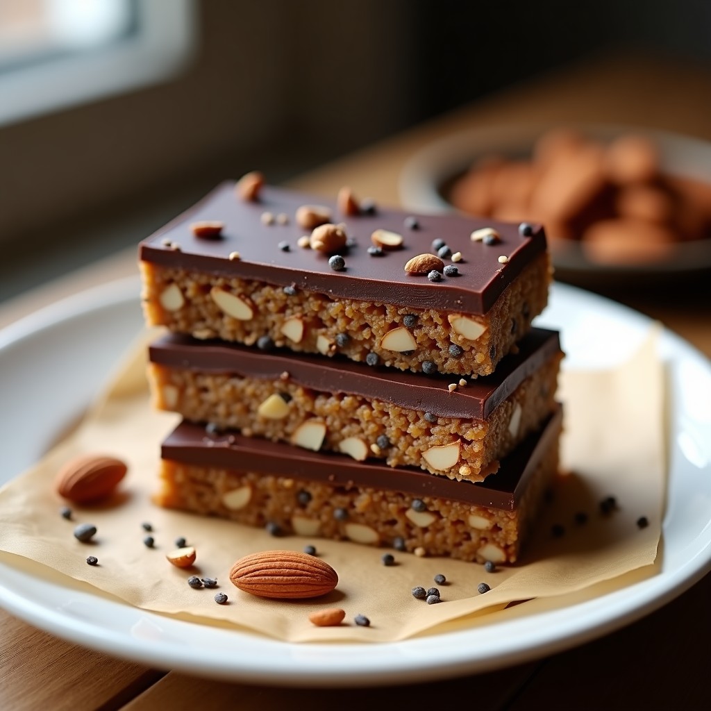 Barritas rectangulares de color marrón oscuro con trocitos de almendra y semillas de chía visibles, apiladas sobre un plato de madera rústica con fondo borroso de cocina. Snack sin horno alto en omega-3.