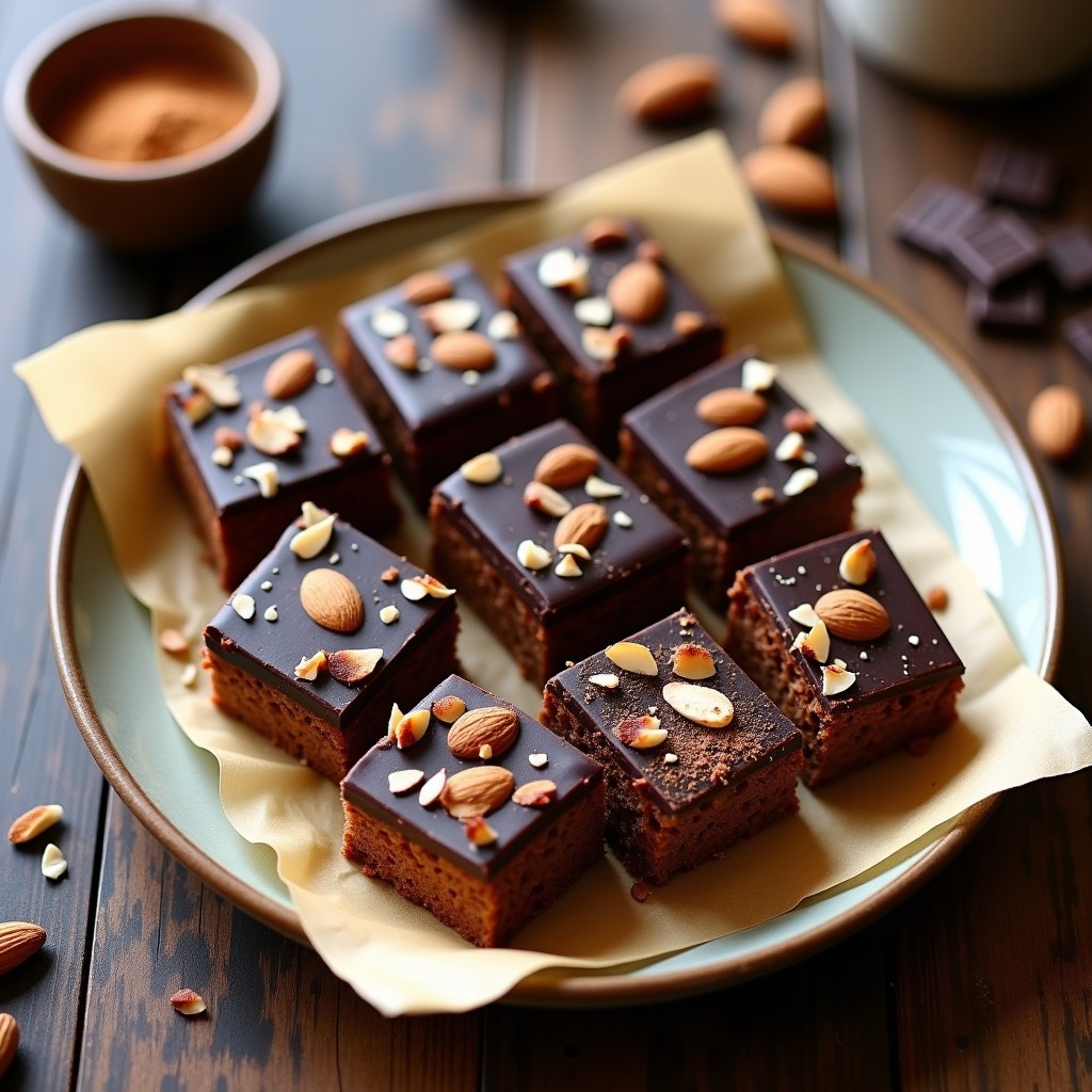 Barritas de chocolate negro con almendras fileteadas y proteína de guisante, cortadas en porciones rectangulares sobre papel de horno, con textura crujiente y brillo del chocolate derretido. Snack vegano sin horno alto en proteína.