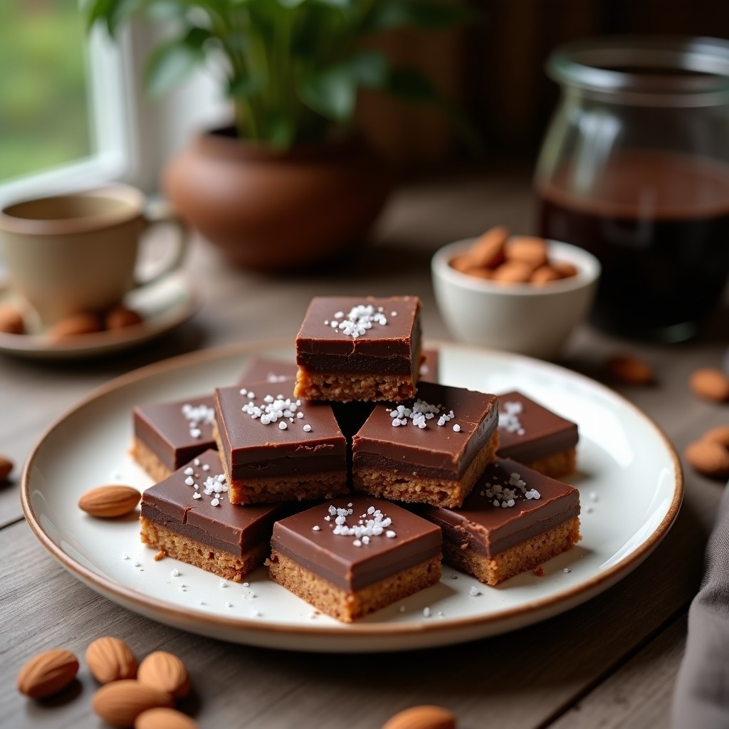 Barritas de chocolate negro con almendras tostadas y semillas de chía, espolvoreadas con sal marina en escamas, sobre un papel de horno rústico. Snack keto crujiente y brillante.