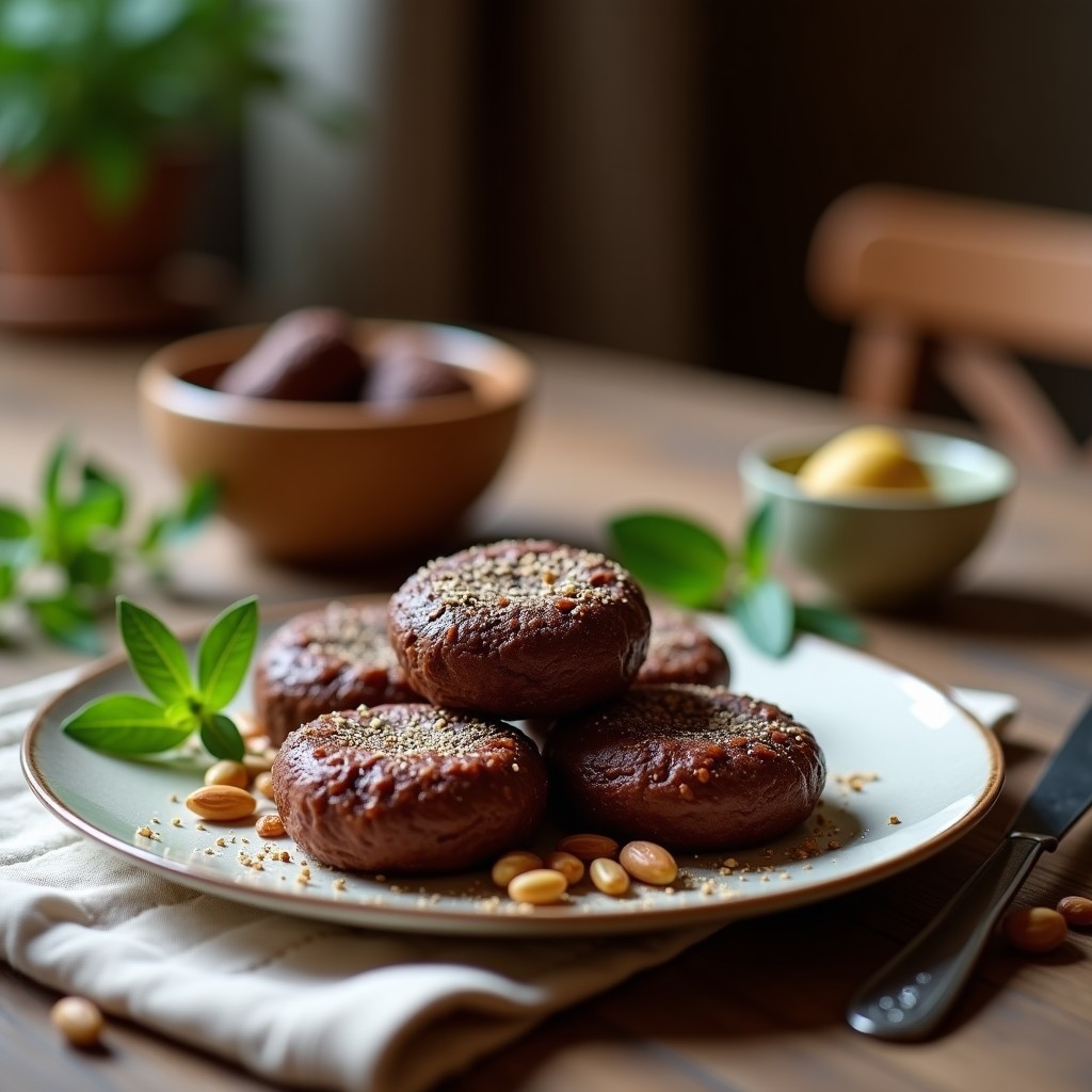 Barritas de chocolate negro y avellana sin azúcar, cortadas en porciones rectangulares, con semillas de chía visibles y un toque de sal marina en la superficie. Snack keto con stevia sobre fondo de papel de horno rústico.