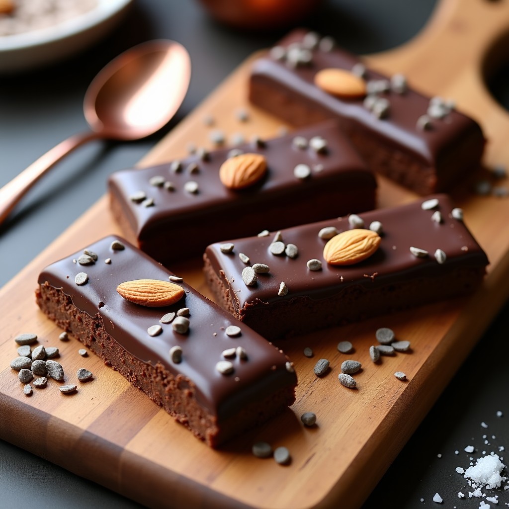 Barritas de chocolate negro y almendras con semillas de chía, postre keto energético, cortadas en porciones y apiladas sobre papel de horno con virutas de almendra y coco rallado.