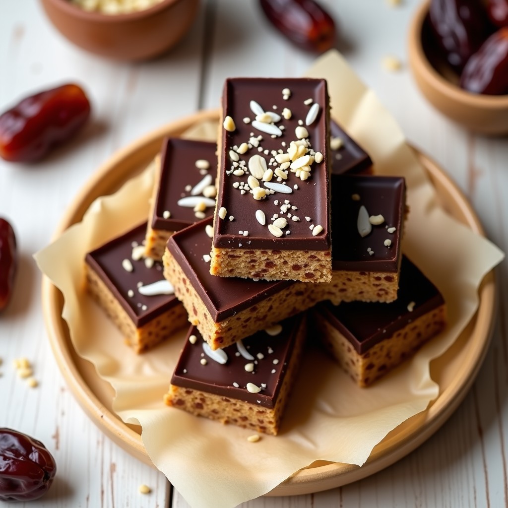 Barritas energéticas sin horno de dátil y semillas de cáñamo con cobertura de chocolate negro 85%, cortadas en rectangulares y apiladas sobre papel de horno, con textura crujiente y brillo en el chocolate.