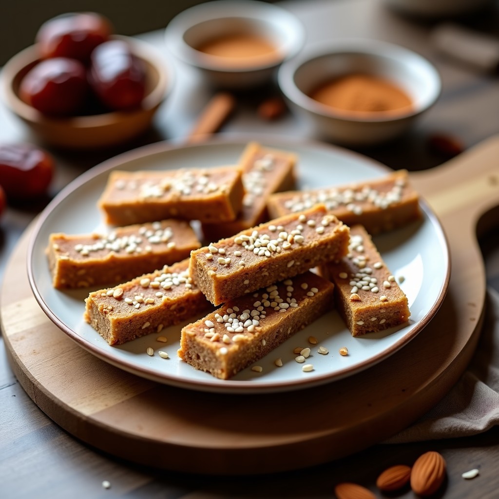 Barritas energéticas de dátiles y almendras con toque de canela, cortadas en porciones rectangulares, con trocitos de almendra visible en la superficie, sobre un fondo de madera rústica con especias esparcidas.