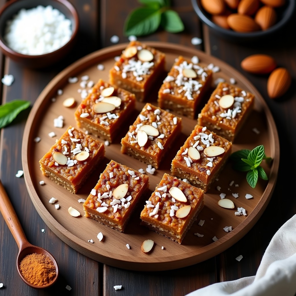 Barritas energéticas keto sin azúcar de dátiles y almendras, cortadas en rectángulos perfectos, con trocitos de almendra visibles y espolvoreadas con coco rallado, sobre un fondo de madera rústica con especias al lado.