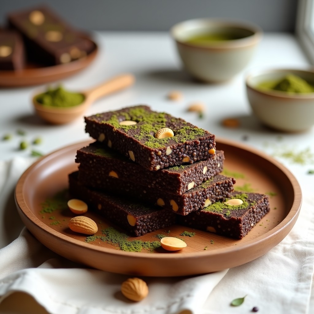 Barritas energéticas de dátiles, cacahuete y moringa cortadas en rectángulos, con trozos de cacahuete visibles, sobre un plato de madera rústica con hojas de moringa y semillas de chía esparcidas. Snack saludable sin horno.