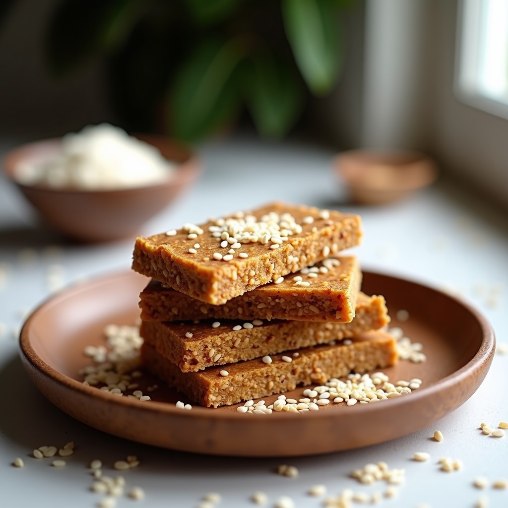 Barritas rectangulares doradas de dátiles y harina de grillo, con trozos de almendras y cacahuetes visibles, dispuestas sobre papel encerado con semillas de chía esparcidas. Snack proteico sostenible sin horno.