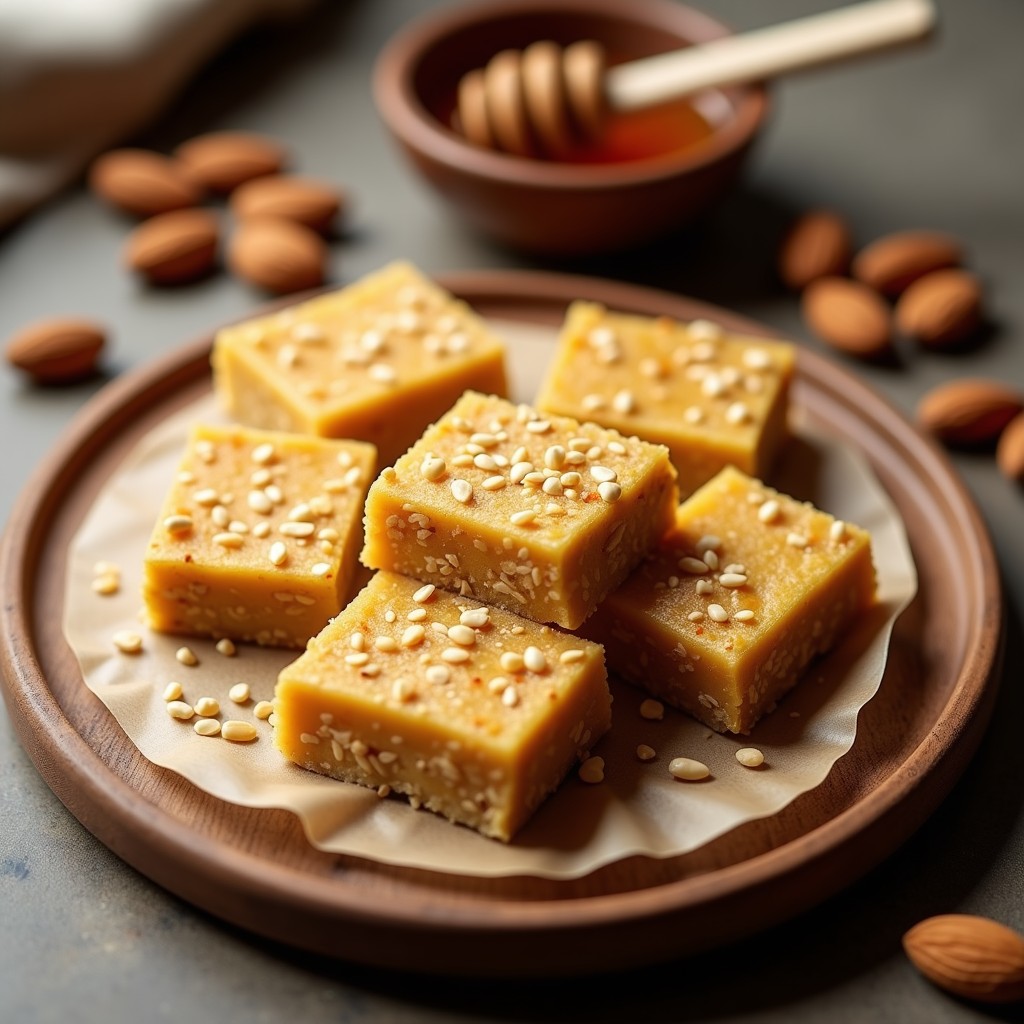 Barritas energéticas de almendra y miel de agave cortadas en porciones rectangulares, con textura compacta y superficie dorada salpicada de semillas de sésamo y lino, sobre un fondo de papel de horno blanco.