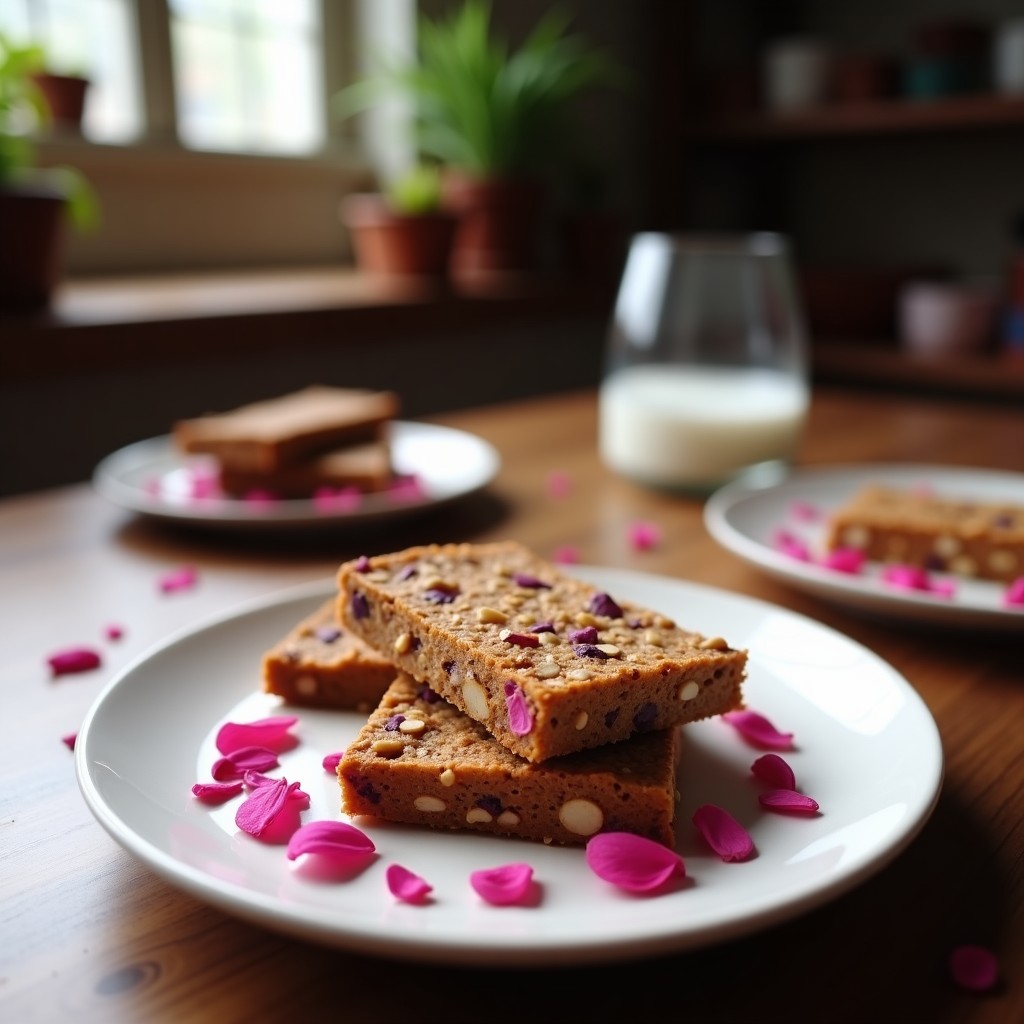 Barritas energéticas de avena y pétalos de rosa dispuestas en fila sobre una tabla de madera rústica, con pétalos rosados espolvoreados por encima y fondo desenfocado de ingredientes como dátiles y almendras.