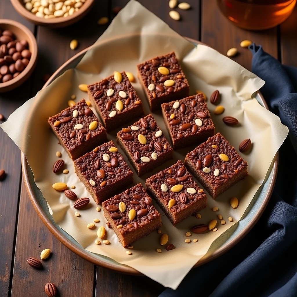Barritas energéticas keto sin horno con cacao y semillas, cortadas en porciones rectángulares, apiladas sobre un plato de madera oscuro con semillas de calabaza y lino esparcidas alrededor. Receta alta en proteína con proteína de cáñamo.