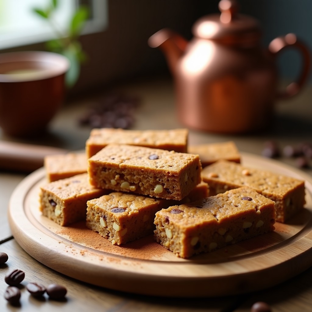 Barritas energéticas keto de café y nueces cortadas en rectángulos, con superficie dorada y nueces tostadas visibles, sobre papel de horno rústico. Ideal para desayuno sin azúcar y para llevar.