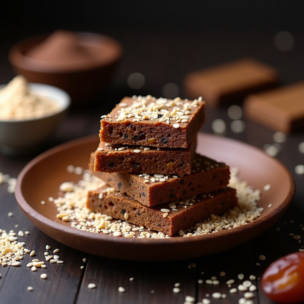Barritas energéticas veganas de dátiles y semillas de cáñamo apiladas en un plato de madera rústico, con semillas de girasol y chía visibles en la superficie, fondo oscuro con detalles de coco rallado.