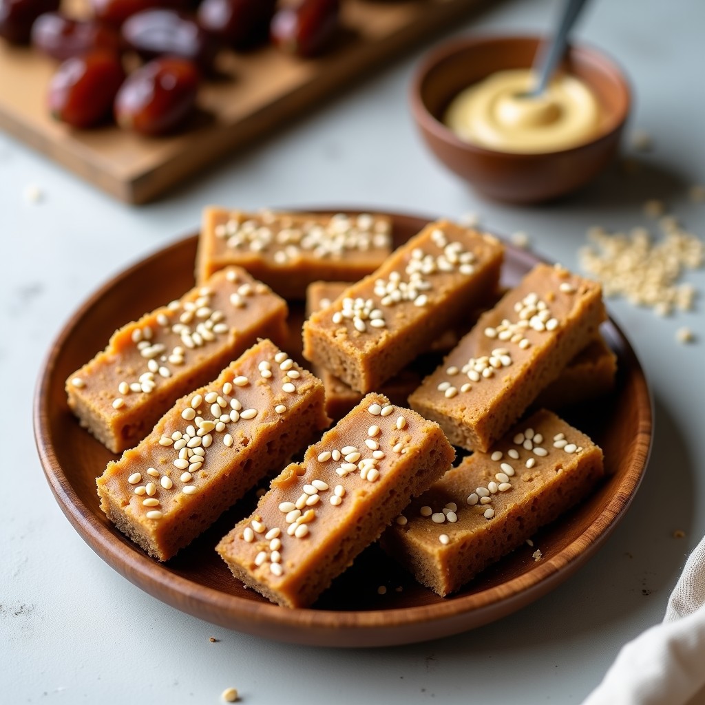 Barritas energéticas crudiveganas de dátiles, tahini y semillas de sésamo cortadas en rectángulos, con sésamo blanco por encima, sobre un plato de madera rústico con fondo claro.