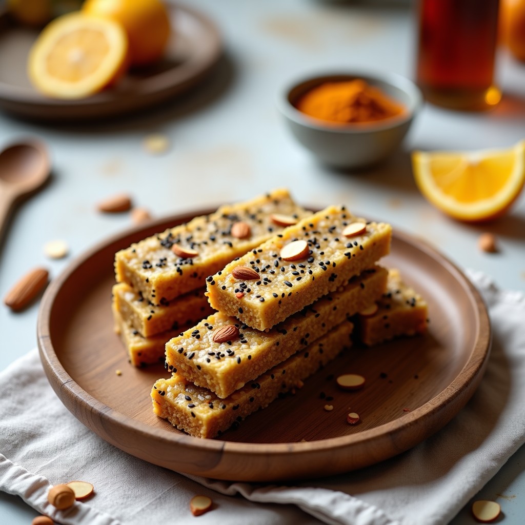Barritas energéticas rectangulares de color marrón dorado con textura compacta y trozos visibles de semillas de cáñamo, cortadas y apiladas sobre papel de horno. Receta de barritas energéticas de harina de insectos y miel de agave, snack proteico y sostenible.