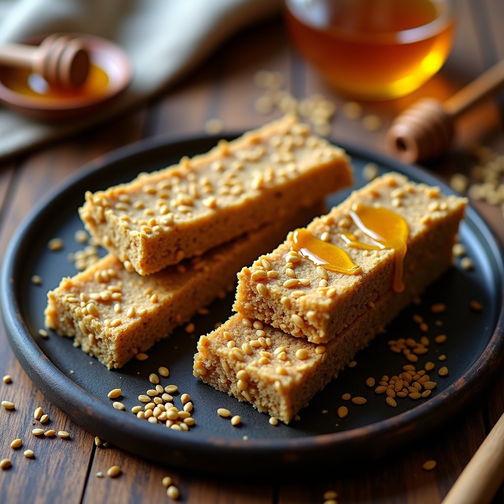 Barritas energéticas rectangulares con textura crujiente, color dorado y trozos de semillas de cáñamo visibles, servidas en un plato de madera rústica con fondo oscuro. Receta de snack proteico futurista con insectos comestibles y miel.