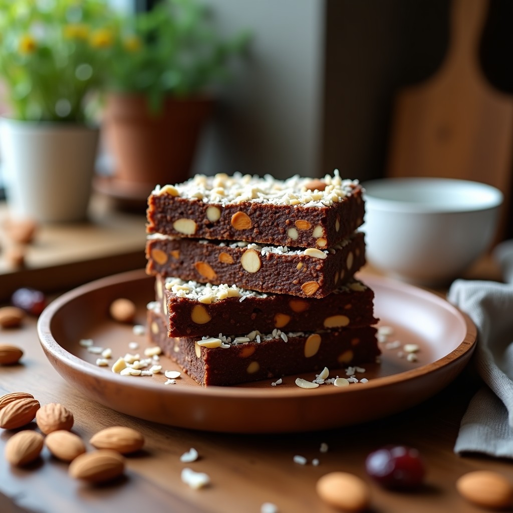 Barritas energéticas de color marrón oscuro con trozos de almendra fileteada y coco rallado, apiladas en un plato de madera rústico con fondo desenfocado. Snack alto en proteína de insectos comestibles y dátiles.