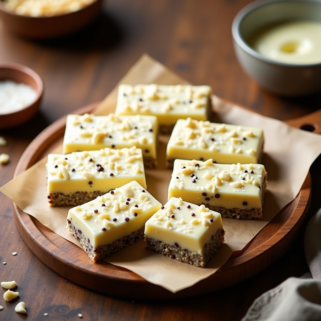 Barritas de protein de cáñamo y chocolate blanco keto cortadas en porciones rectangulares, con textura crujiente por fuera y cremosa por dentro, sobre un plato de madera rústica con semillas de cáñamo esparcidas.