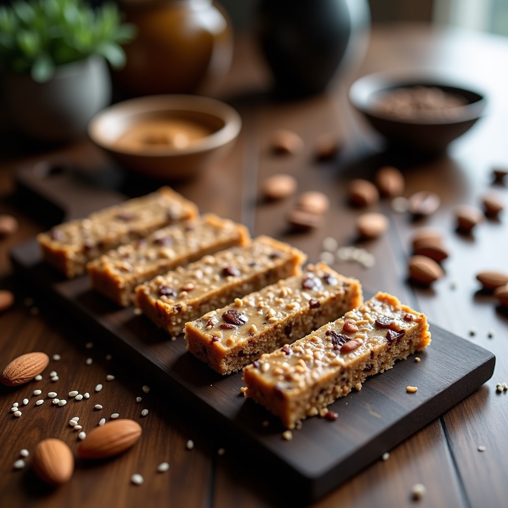 Barritas de proteína de almendras y café keto dispuestas en fila sobre fondo de madera oscura, con textura crujiente y trozos de almendra visibles, acompañadas de granos de café y semillas de chía esparcidas.