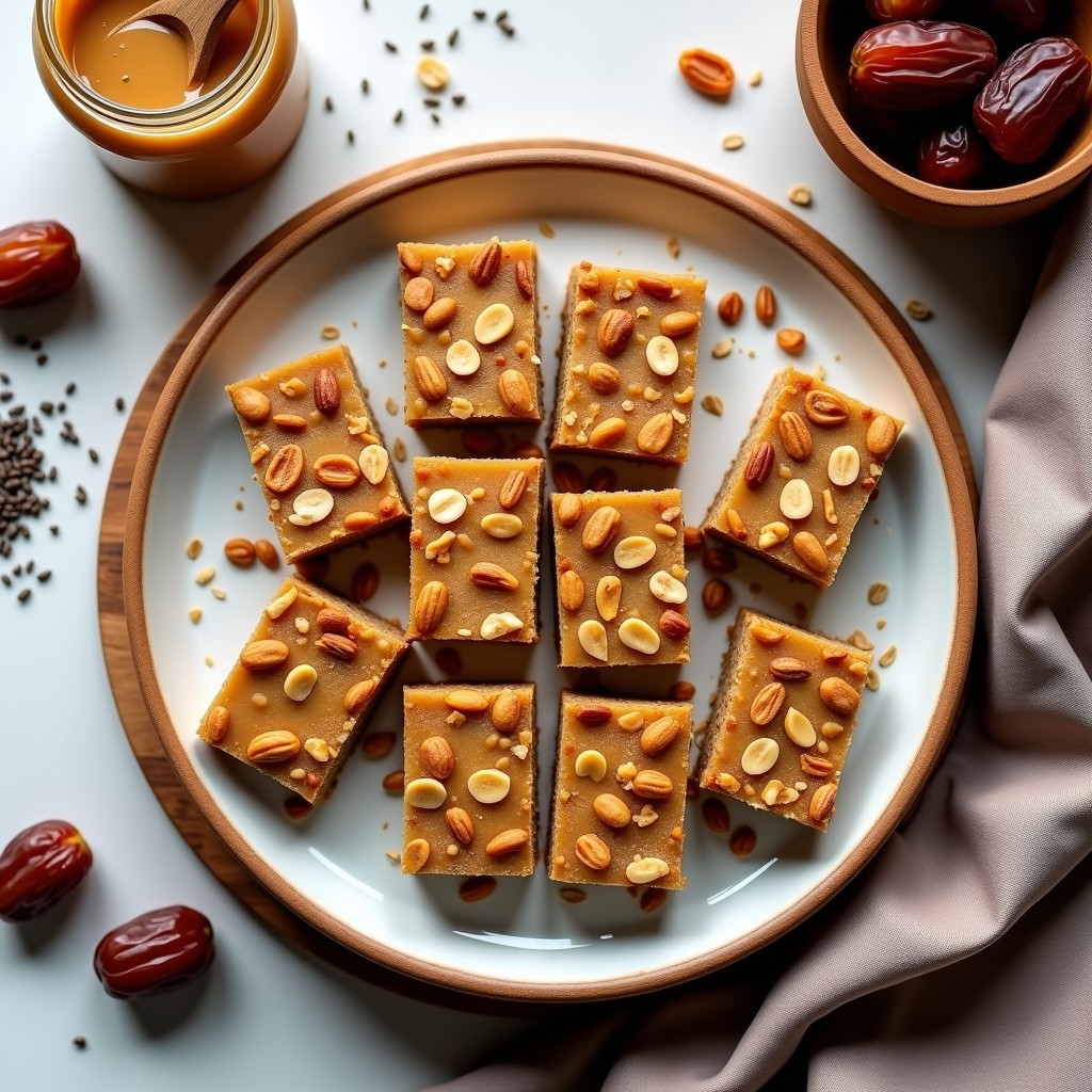 Barritas de proteína de avena y mantequilla de cacahuete cortadas en porciones rectangulares, con trozos de cacahuete visibles, sobre un fondo de madera rústica y acompañadas de un tarro de mantequilla de cacahuete y semillas de chía esparcidas.