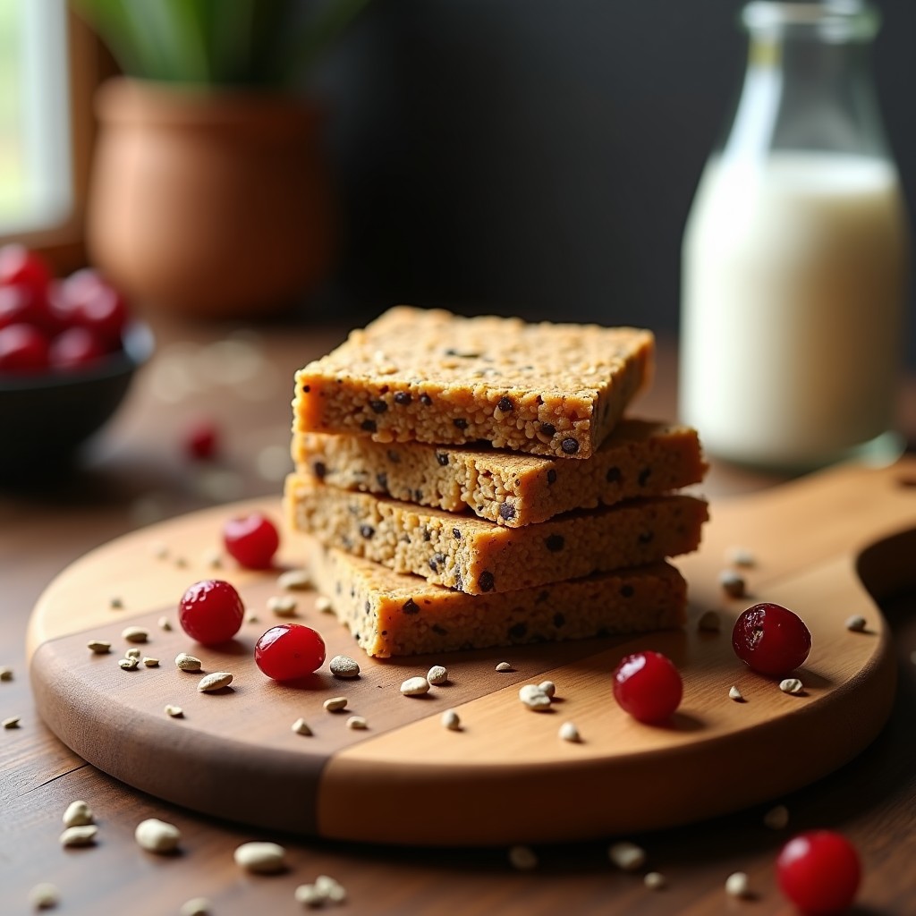 Barritas de proteína de cáñamo y arándanos deshidratados cortadas en porciones rectangulares, con textura compacta y trozos visibles de arándanos y coco rallado, sobre un plato de madera rústico con fondo claro.
