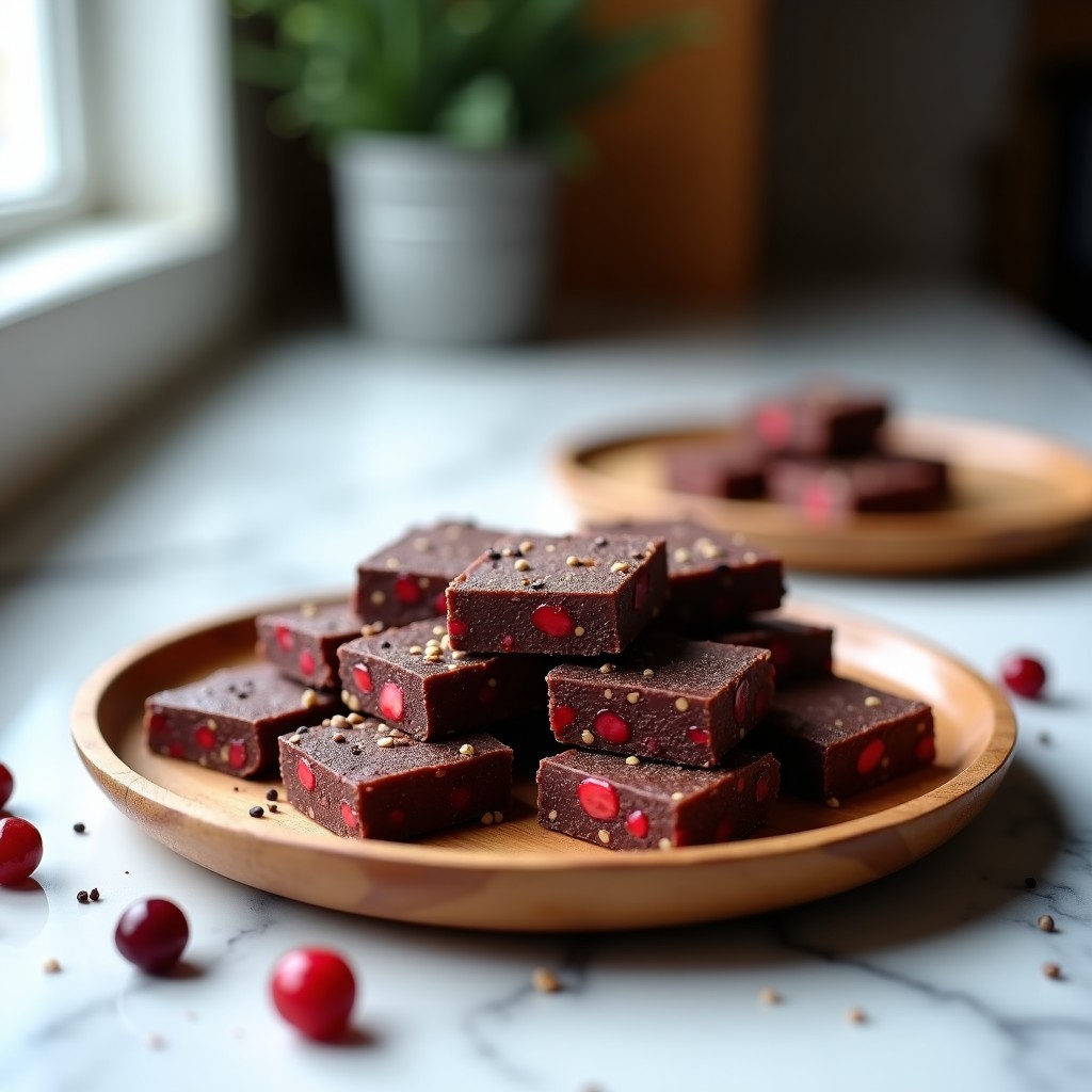 Barritas de proteína de hepatillas de cordero y arándanos keto, con textura compacta y trocitos de arándanos visibles, sobre un plato de madera rústico con semillas de chía espolvoreadas y un fondo de cocina minimalista.