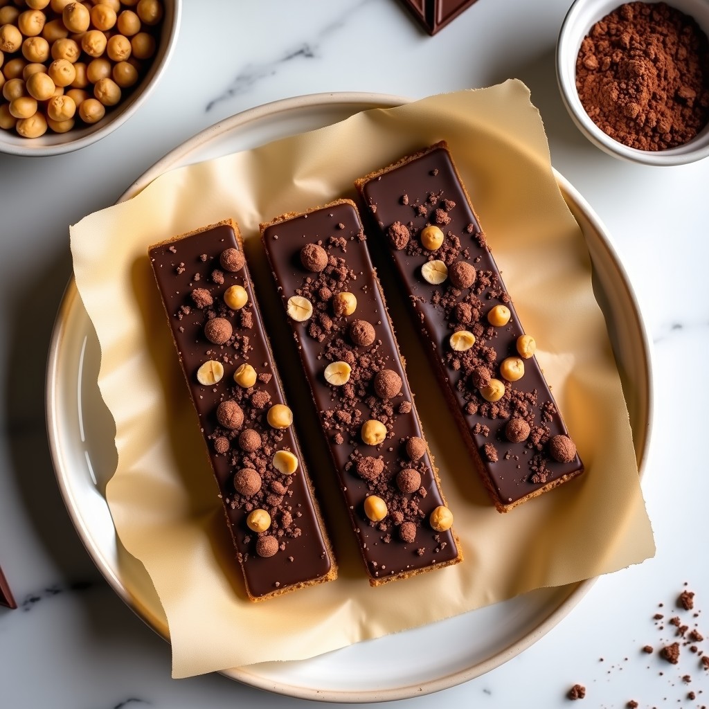 Barritas de proteína de garbanzo y cacahuete con cobertura de chocolate negro 85%, cortadas en porciones rectangulares sobre papel de horno. Textura esponjosa por dentro y chocolate brillante por fuera, con trocitos de cacahuete tostado visibles. Plato minimalista con fondo claro.