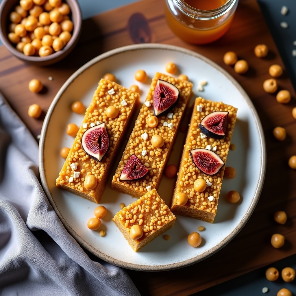 Barritas de proteína de garbanzo tostado y miel de agave apiladas en un plato negro, con textura crujiente y copos de coco visibles, snack vegano para deporte.