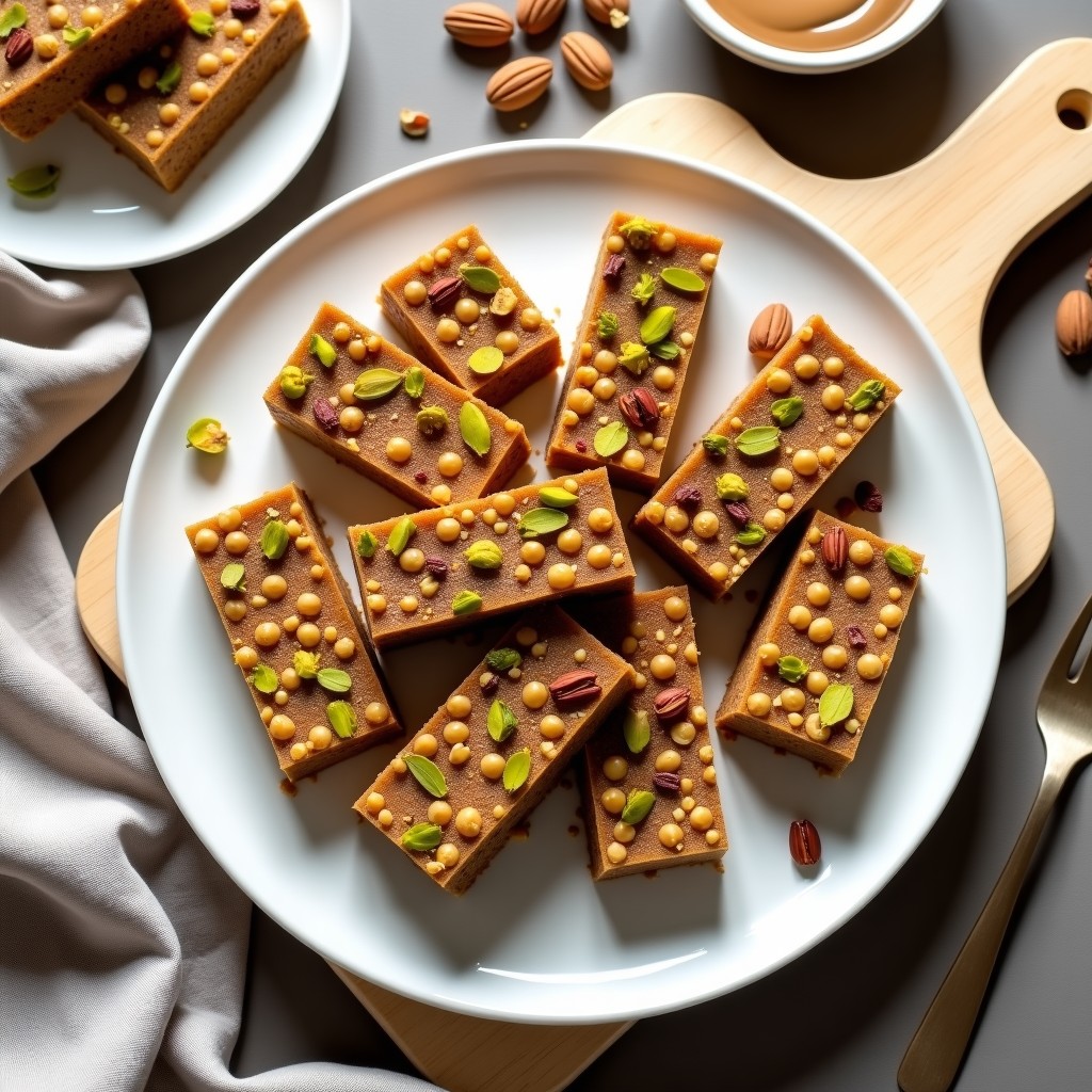 Barritas de proteína veganas de garbanzo y pistacho cortadas en rectángulos, con textura crujiente y semillas de sésamo visibles, sobre fondo de madera rústica.