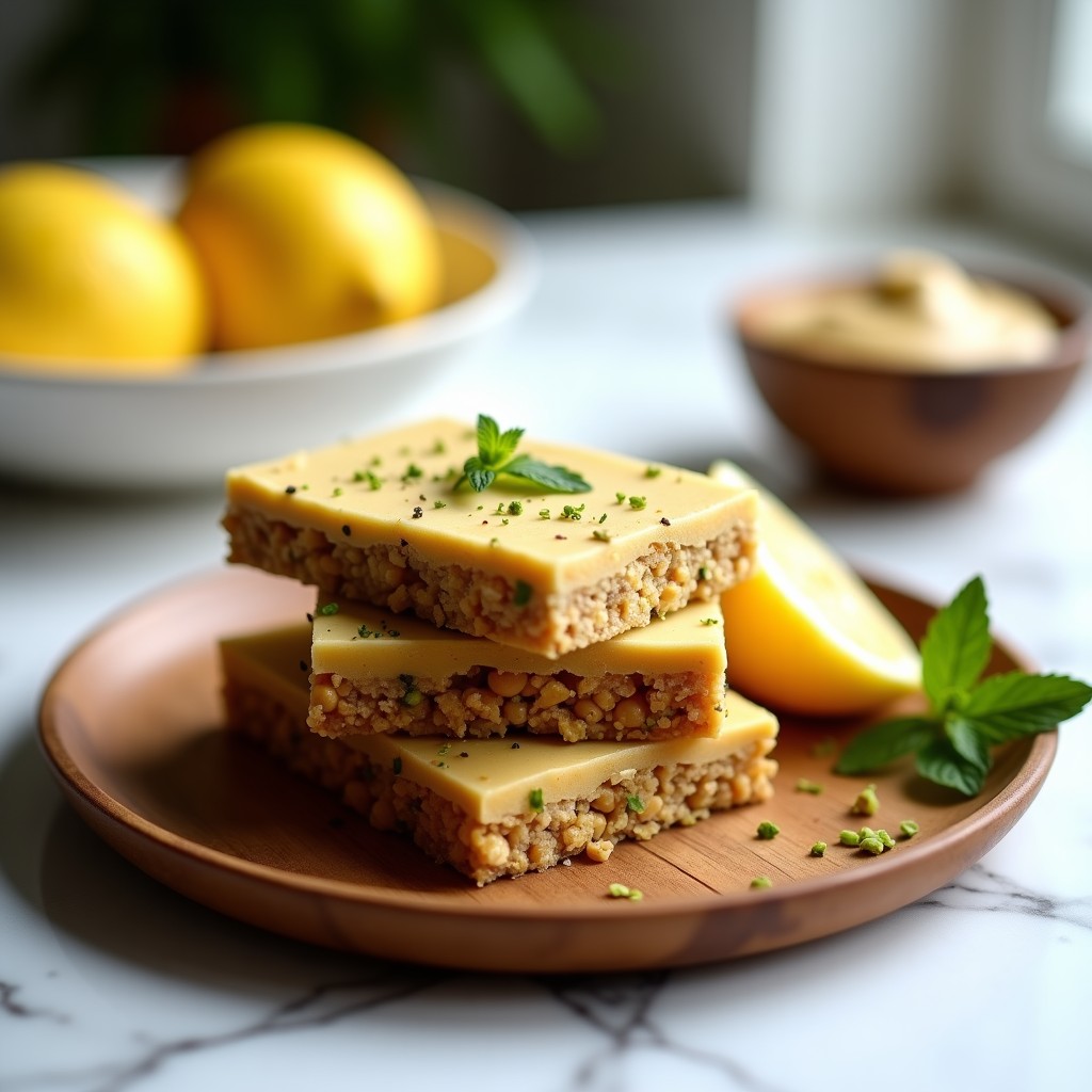 Barritas de proteína veganas de garbanzos y tahini con toque de limón, cortadas en rectángulos y apiladas sobre papel de horno, con almendras fileteadas y coco rallado visibles en la superficie, fondo rústico de madera.