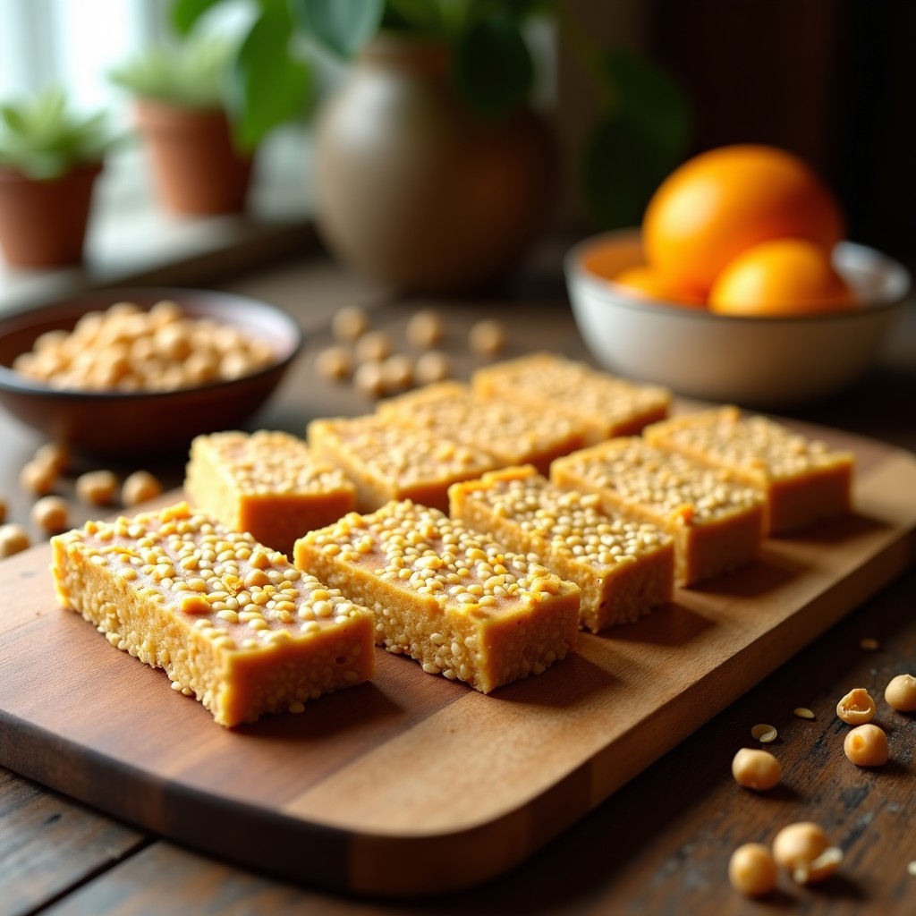 Barritas de proteína de garbanzos y tahini cortadas en rectángulos, con semillas de sésamo tostadas en la superficie, sobre un plato de madera rústica con fondo claro. Snack saludable sin horno y sin azúcar.