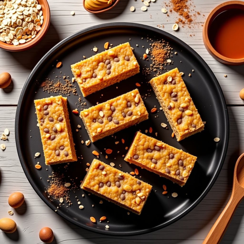 Barritas doradas y compactas de proteína de grillo y cacahuete con miel de dátil, cortadas en porciones rectangulares, con semillas de chía y lino visibles en la superficie. Fondo rústico de madera con ingredientes dispersos como avena, cacahuetes y un tarro de miel de dátil.