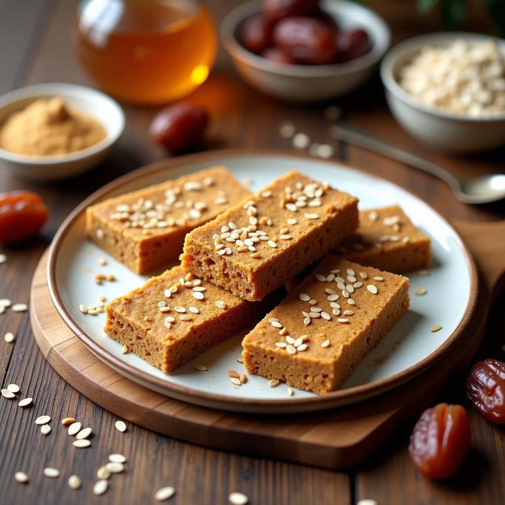 Barritas de proteína de grillos y dátiles cortadas en rectángulos, con textura compacta y dorada, espolvoreadas con semillas de sésamo, sobre un fondo rústico de madera con ingredientes al lado como dátiles y avena.